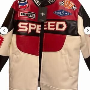 Copper Rivet 90 Red Racing Team Speed Freak PU Men's Jacket Sz Medium NWT Zipper